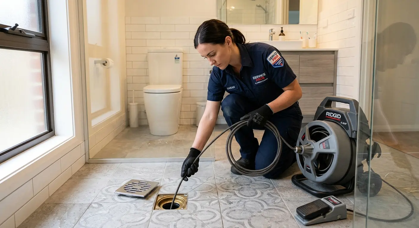 Technician clearing a bathroom floor drain for Drain Repair in Newberry